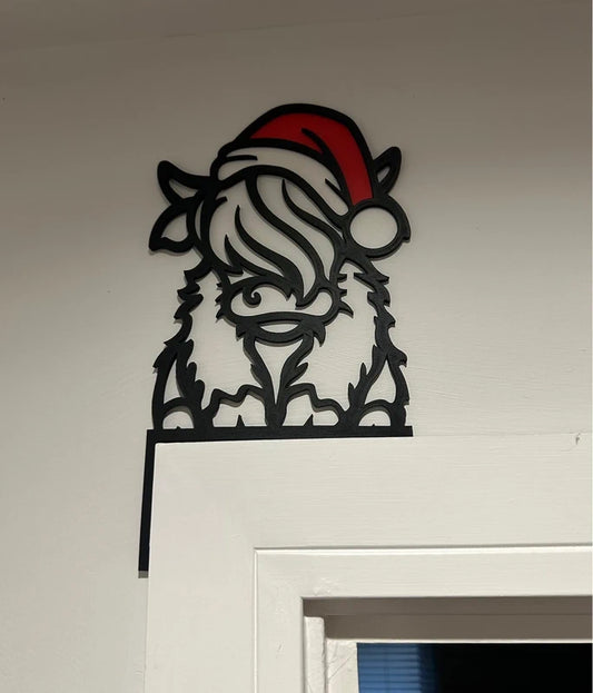3D Printed Highland Cow Santa Door Corner | Christmas Decor | Festive Door Sign | Christmas Farmhouse Decoration | Gift