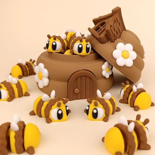 3D Printed Flexi Honey Bee | Articulated Fidget Toy | Cute Desk Buddy | Keychain | Beehive Set | Keyring Gift for Bee Lovers