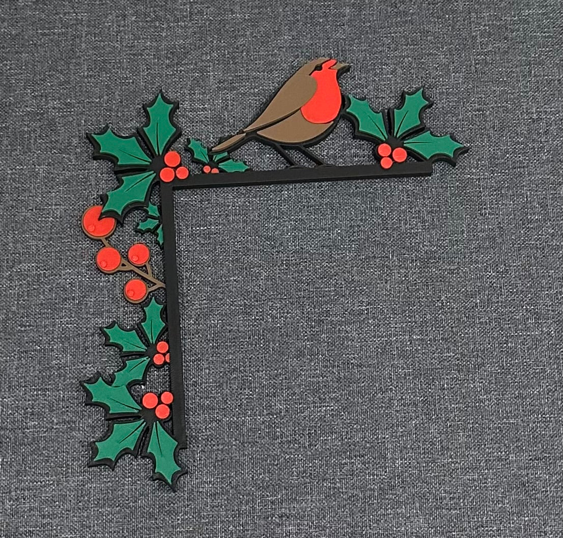 3D Printed Robin & Holly Corner Decoration | Christmas Door or Light Switch Topper | Festive Winter Decor