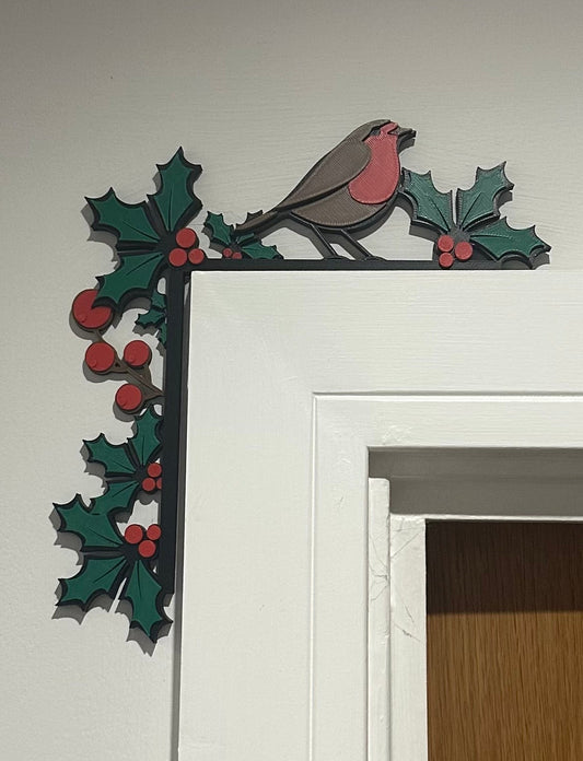 3D Printed Robin & Holly Corner Decoration | Christmas Door or Light Switch Topper | Festive Winter Decor